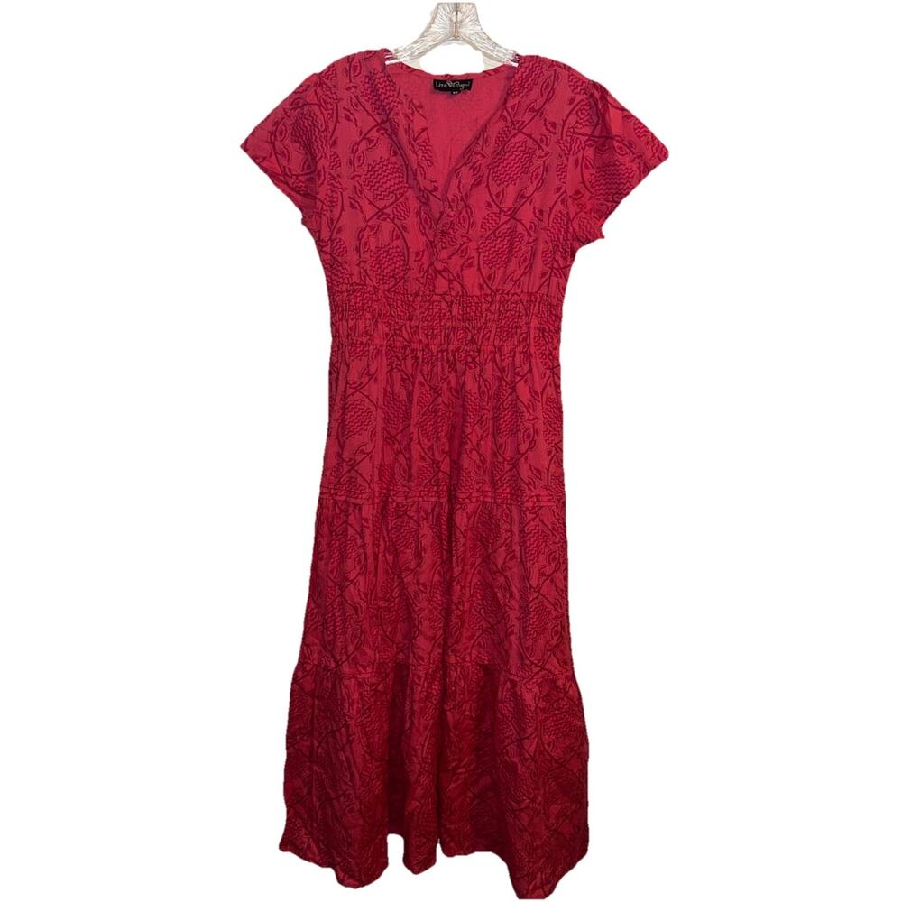 LIZA BYRD $148 Cotton Floral Smocked Waist Tiered Maxi Dress Size XS Pink Coral